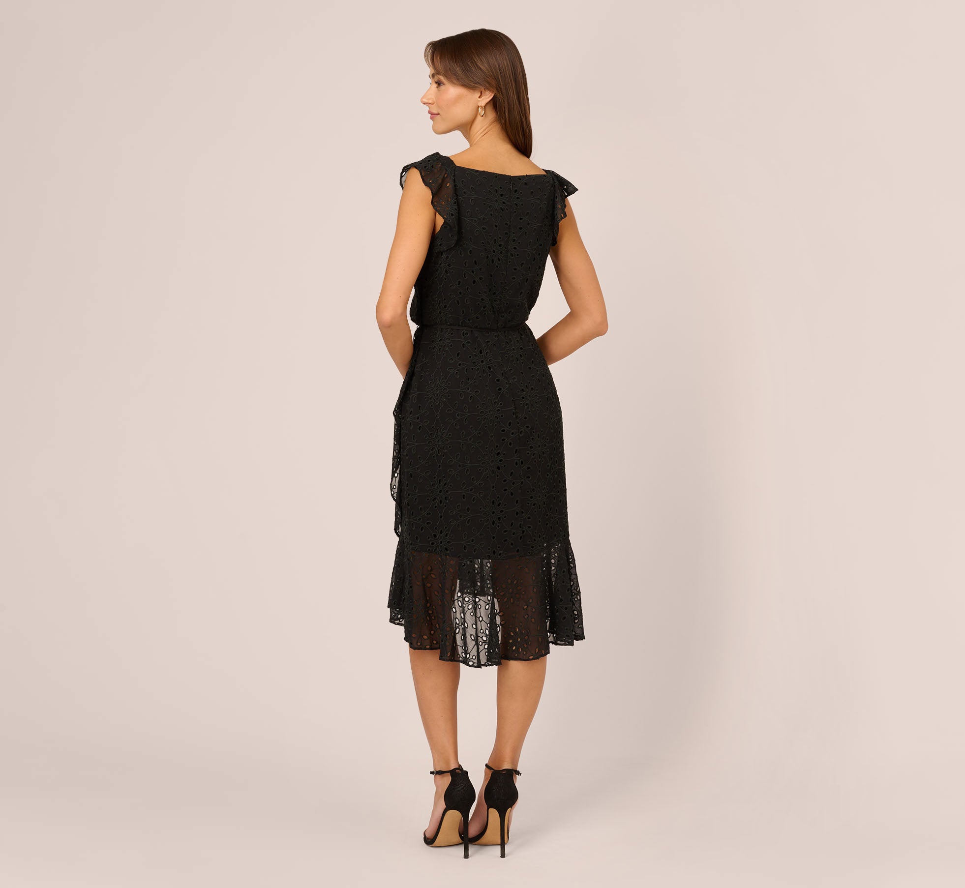 Eyelet Faux Wrap Midi Dress With Ruffle Details In Black、mySite、solidvoid