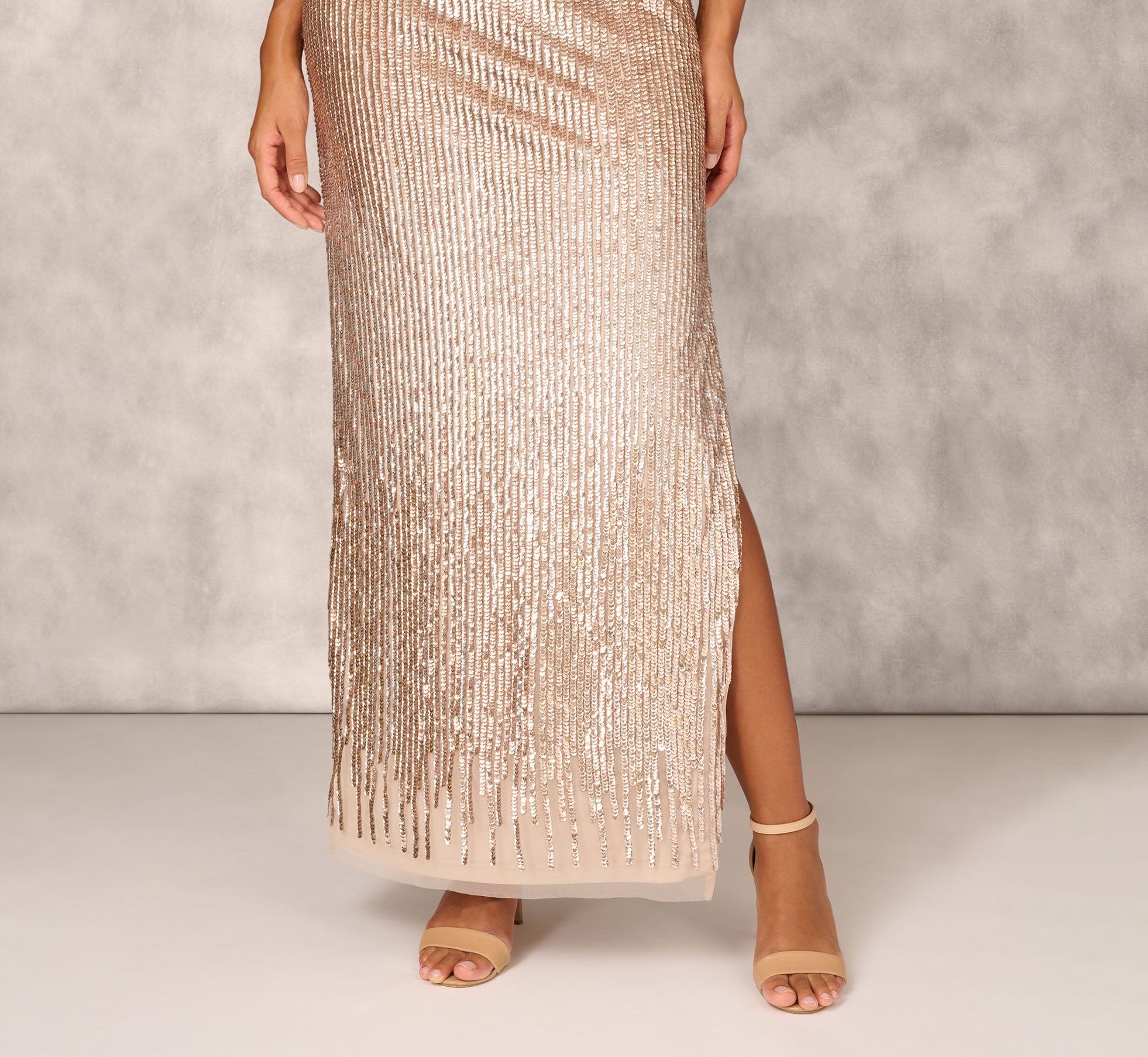 Sleeveless Beaded Column Gown With Illusion Neckline In Champagne、mySite、solidvoid