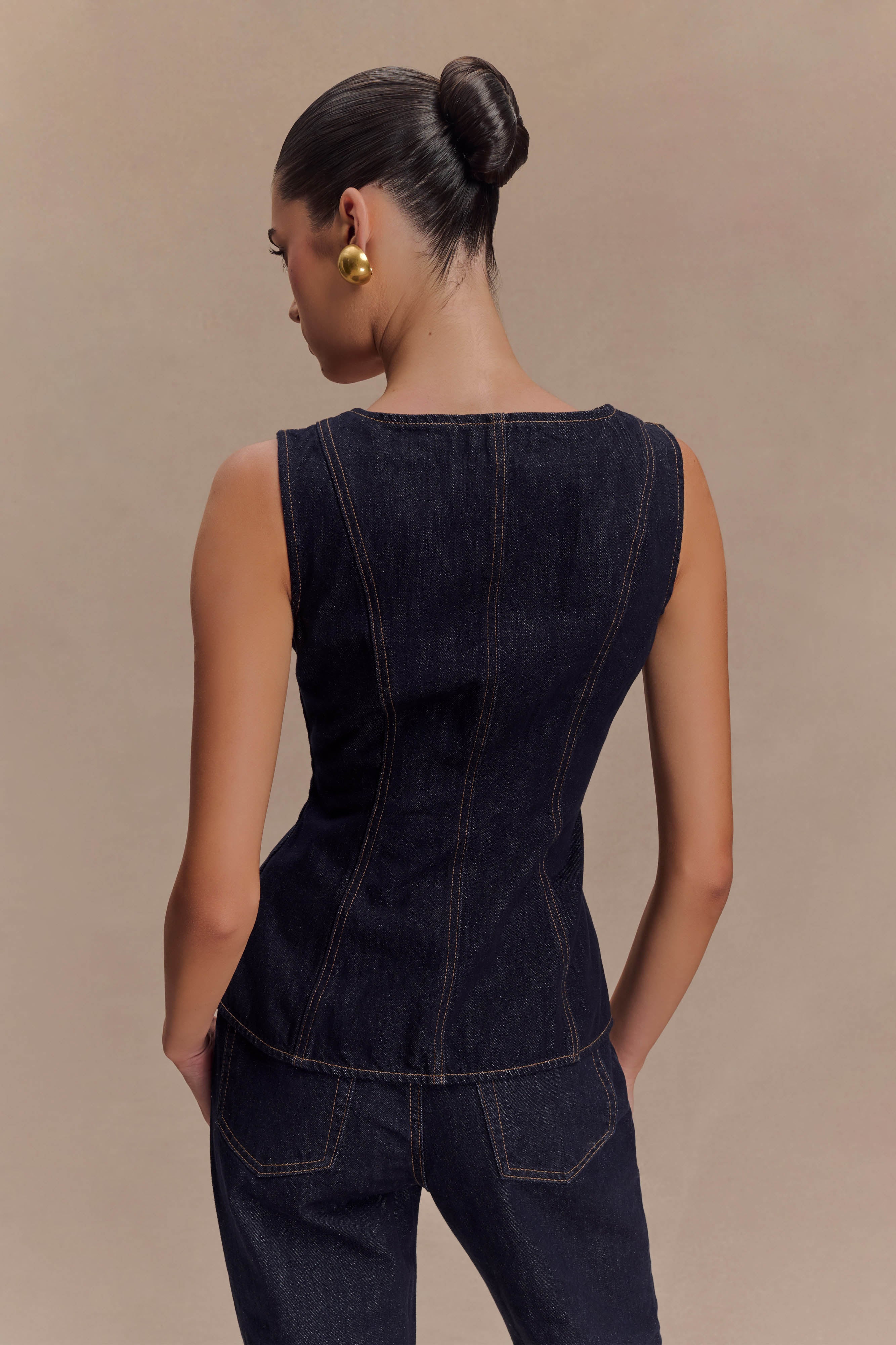 Neve Sleeveless Buttoned Denim Top - Washed Indigo Blue、mySite、solidvoid