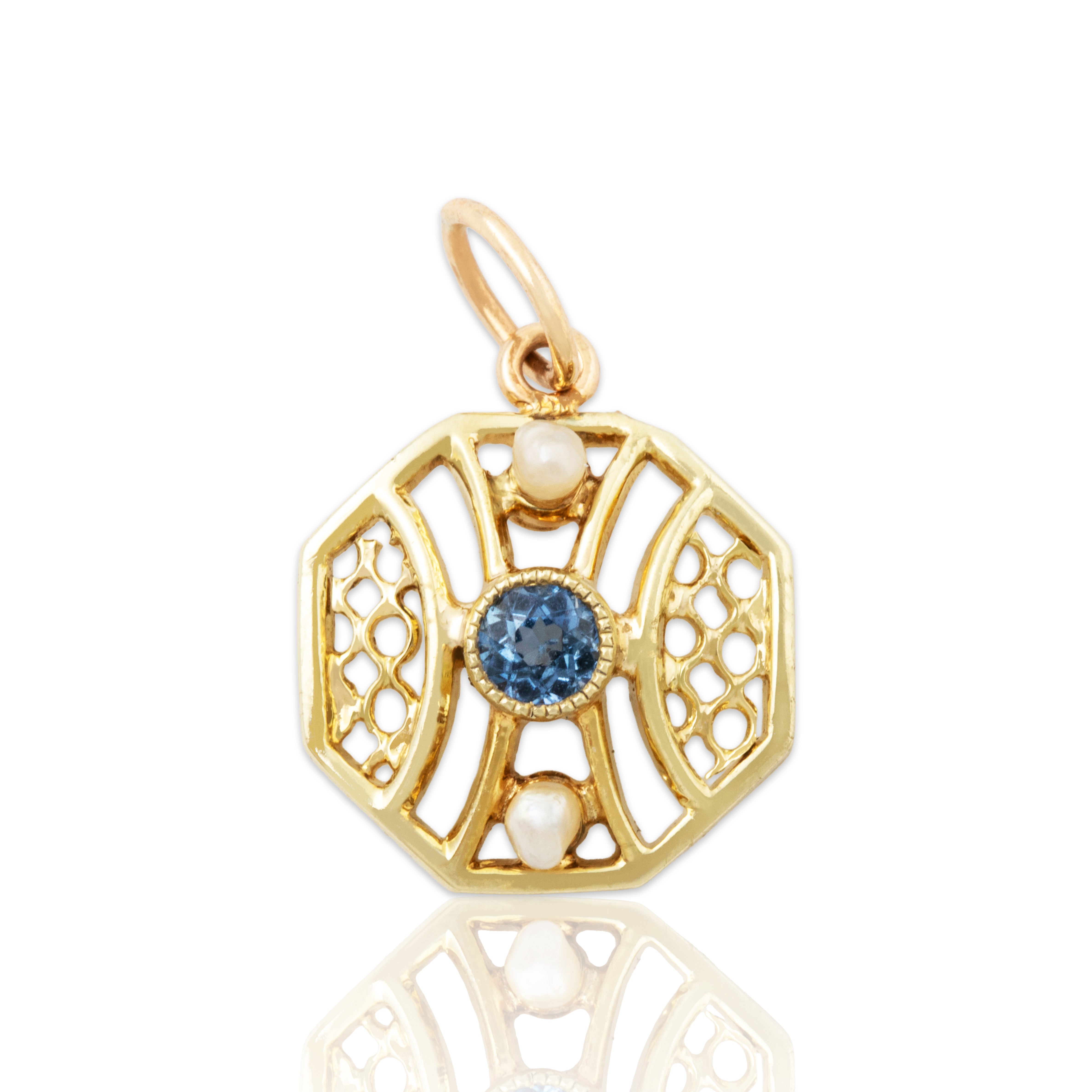 Antique 14k Yellow & Rose Gold Synthetic Sapphire Pearl Octagonal Pendant、mySite、hinf8tx79