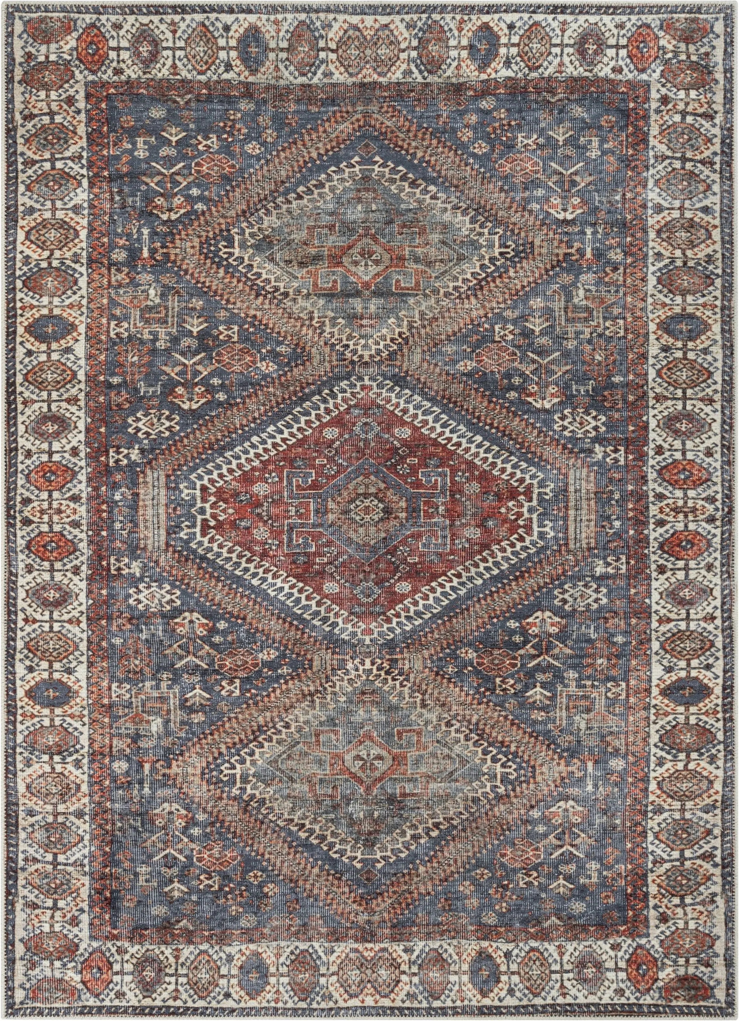 Ripon Machine Washable Vintage Medallion Botanical Border Blue Red Flat-Weave Distressed Rug、mySite、gigharbornorthrealestate