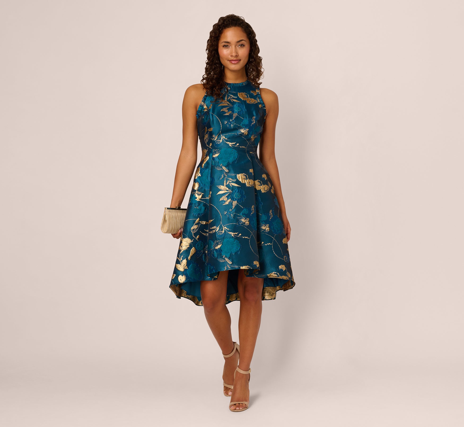 Sleeveless Metallic Vine Jacquard Midi Dress In Teal Sapphire Gold、mySite、solidvoid