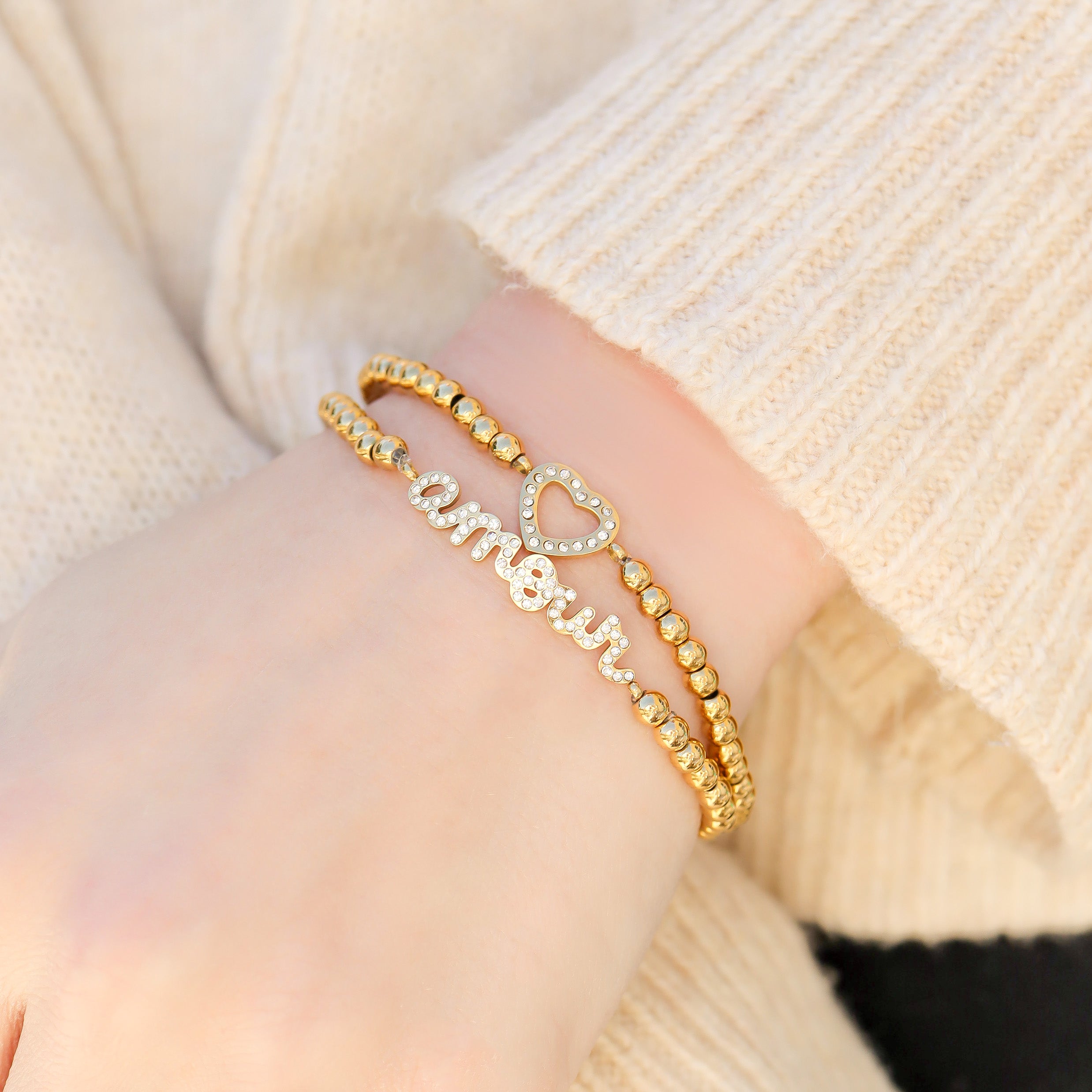 18K Gold PVD Stainless Steel Stone Heart Metal Beaded Stretch Bracelet / BRJ1016、mySite、dreamappss