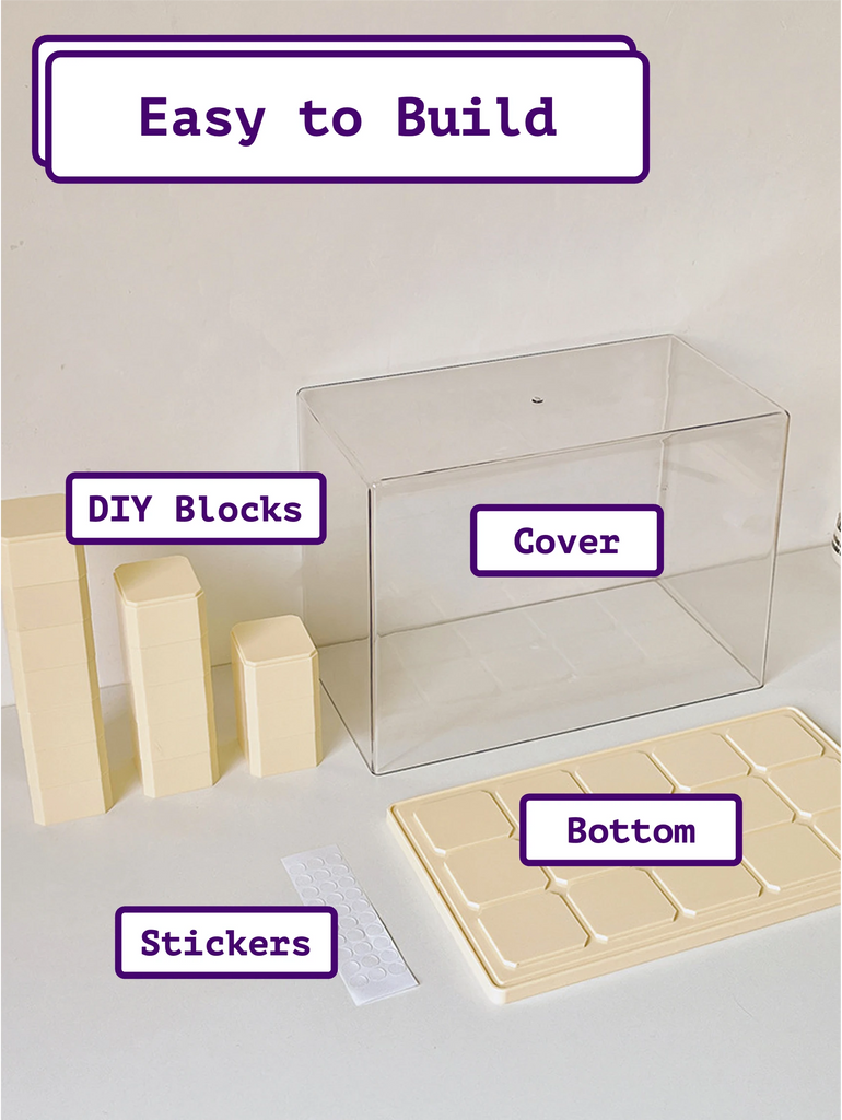 FigPalace easy-to-build display case setup. Includes DIY blocks, cover, bottom, and stickers to assemble your own custom display case for collectibles.