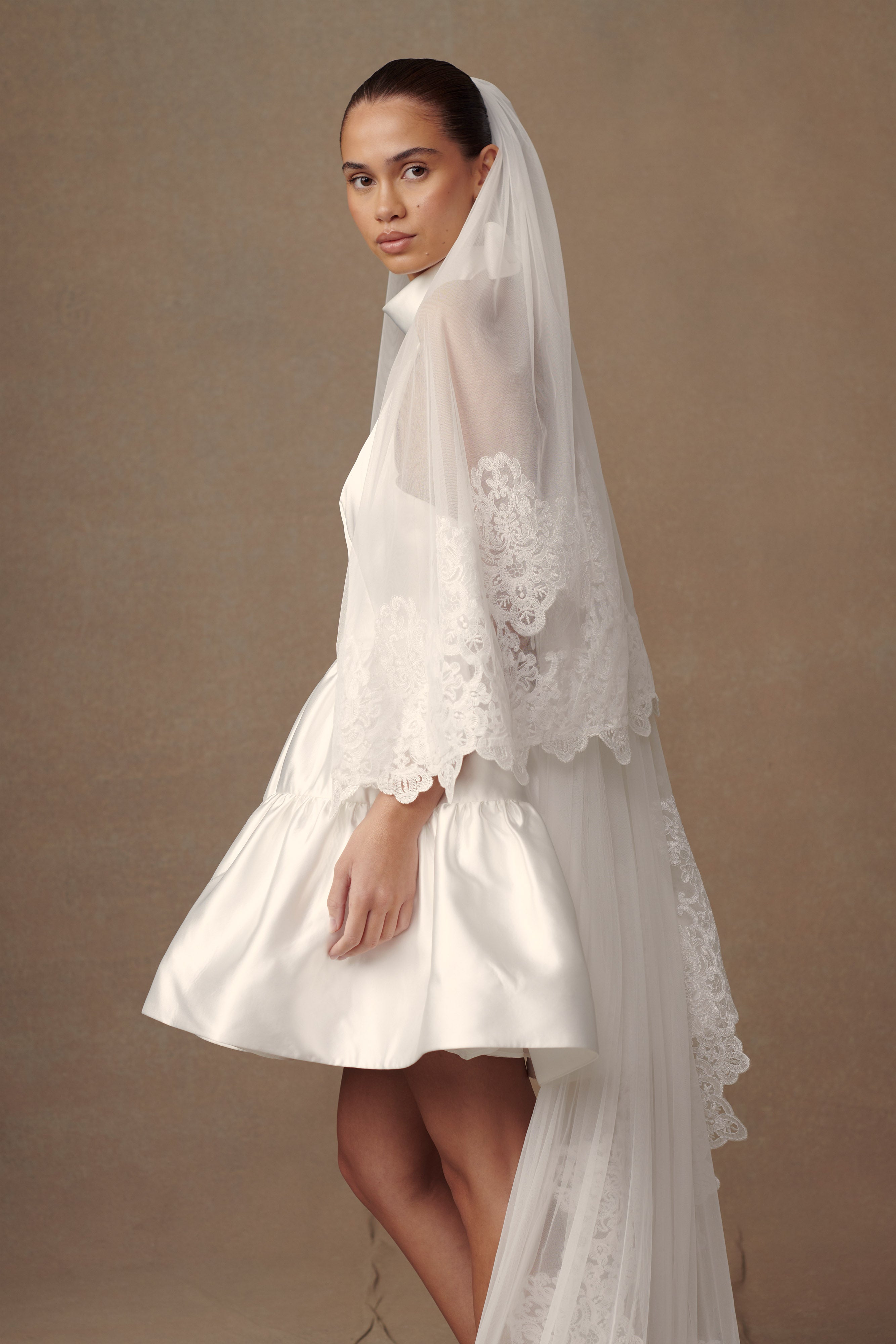 Paulette Lace Trim Veil - White、mySite、solidvoid