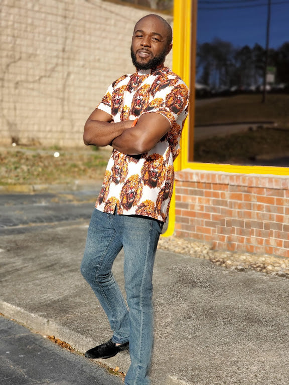 Bishop collar African Lion head button down shirt-DPIS506、mySite、solidvoid