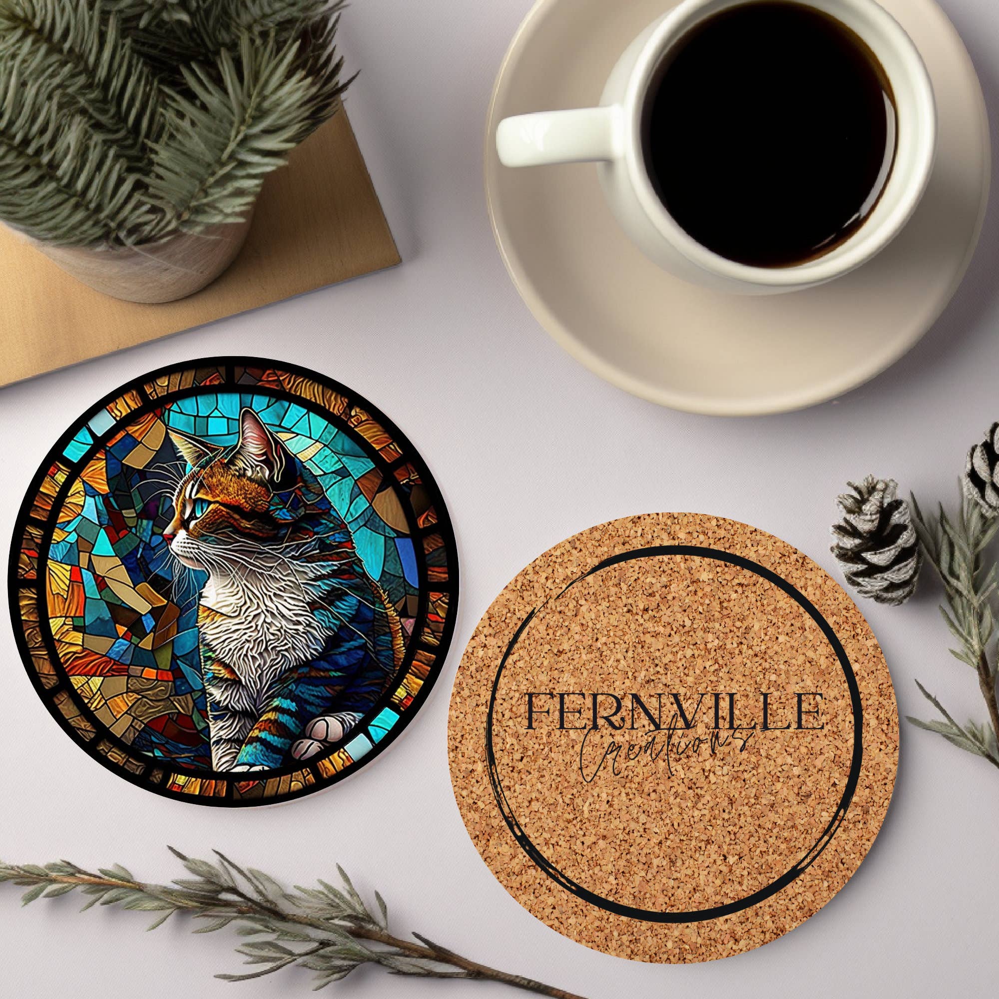 Cat Coaster with Stained Glass Motif, Eco-Friendly Ceramic、mySite、g9winljtr
