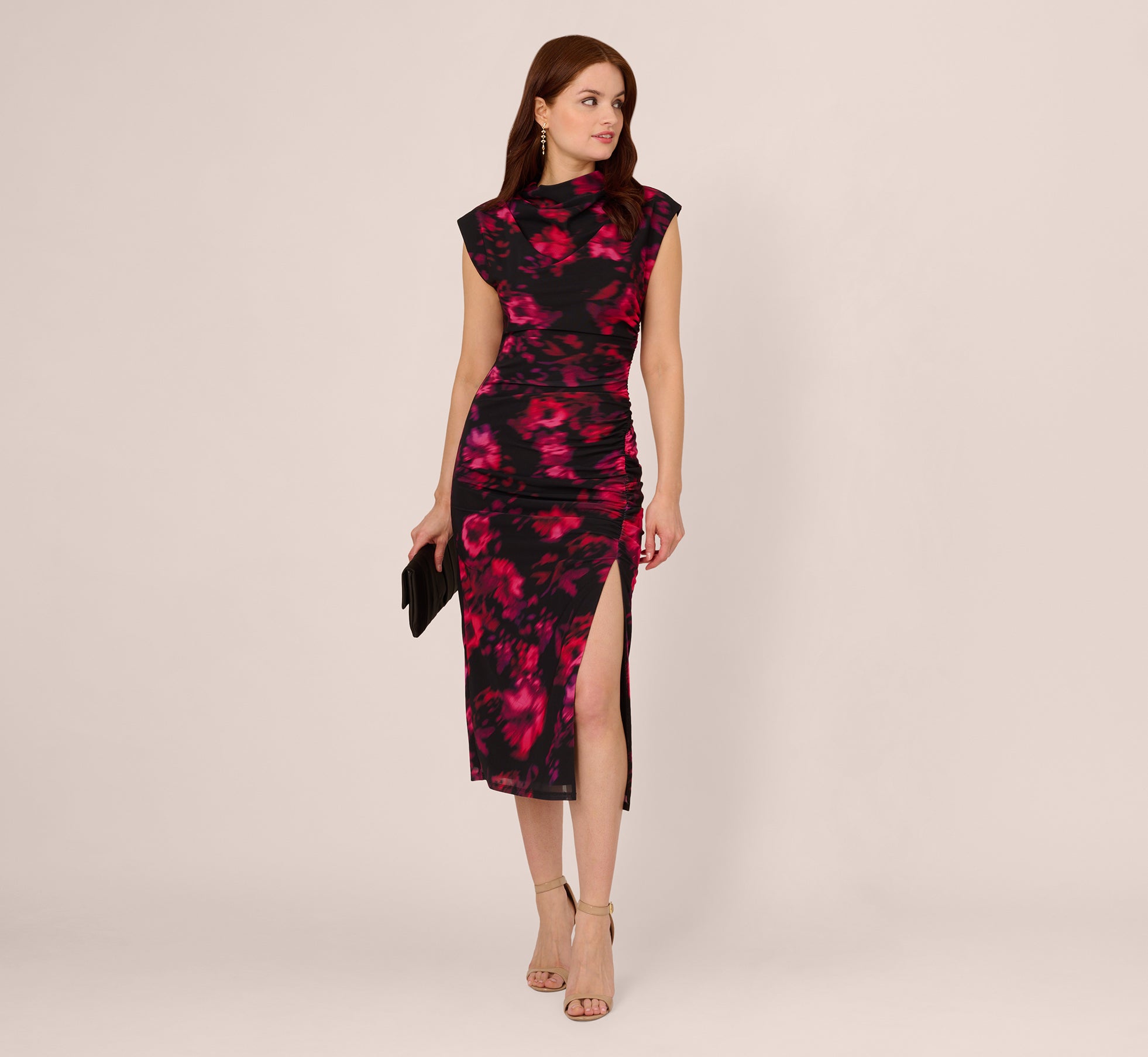 Floral Print Jersey Ankle Length Dress With Draped Details In Black Pink Multi、mySite、solidvoid