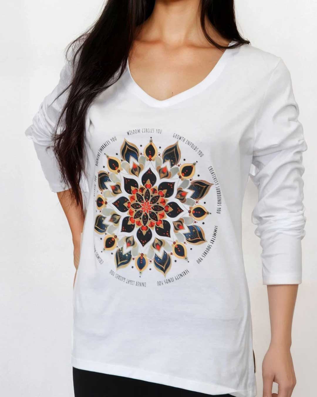 Radiant Lotus Mandala Long Sleeve Tee – White Cotton V-Neck Shirt with Affirmation Design (S–XL)、mySite、topwebapps