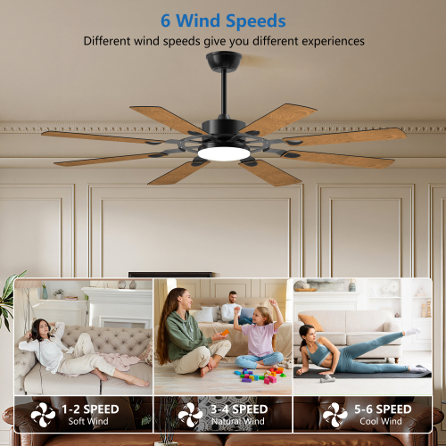 52 Inch Ceiling Fan with Lights and Remote Control, 8 Plywood Blades, 6-Speed Noiseless Reversible DC Motor, 3CCT, Windmill Ceiling fan for Kitchen Bedroom Living Room, Black、、eastwooduniform