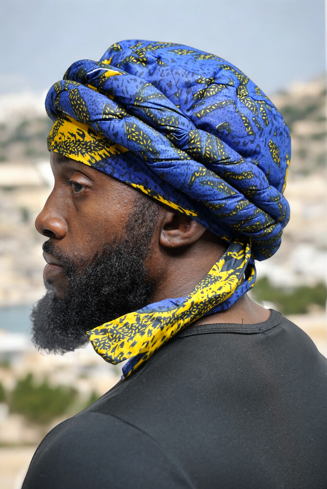 Dupsie's Ojumo Blue and Gold Sunburst African Print Pre-wrapped Turban for men DPH4071PT、mySite、solidvoid