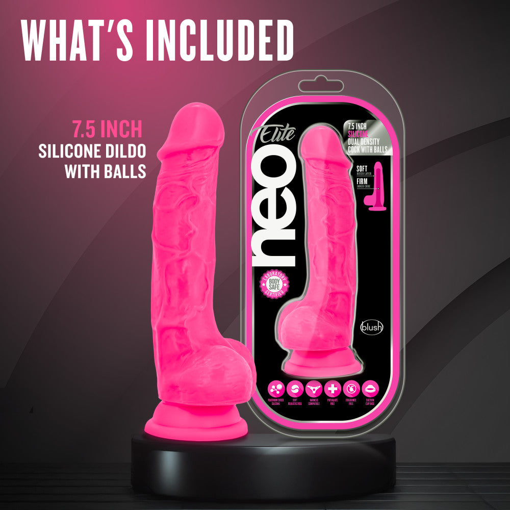 Neo Elite By Blush® | Neon Pink: 7.5-Inch Long Dildo - Made with Purio™ Silicone & SensaFeel® Dual Density Realistic Technology、mySite、bottomscart