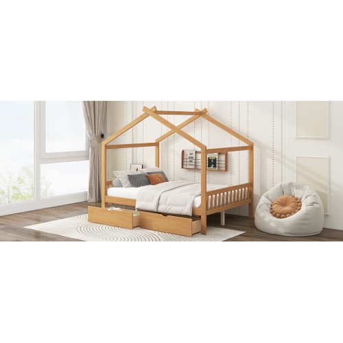 Twin Size House Platform Bed with Headboard and Footboard,Roof Design,Natural、、casual