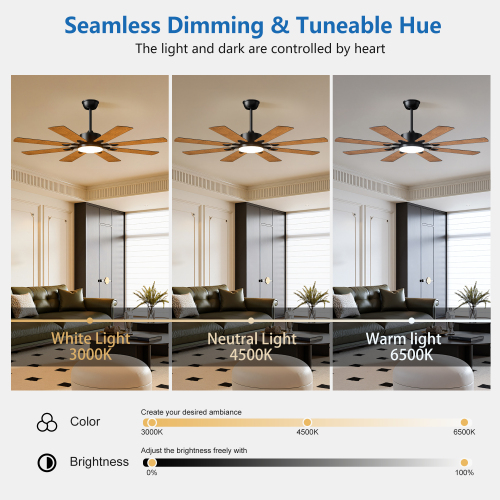 52 Inch Ceiling Fan with Lights and Remote Control, 8 Plywood Blades, 6-Speed Noiseless Reversible DC Motor, 3CCT, Windmill Ceiling fan for Kitchen Bedroom Living Room, Black、、eastwooduniform