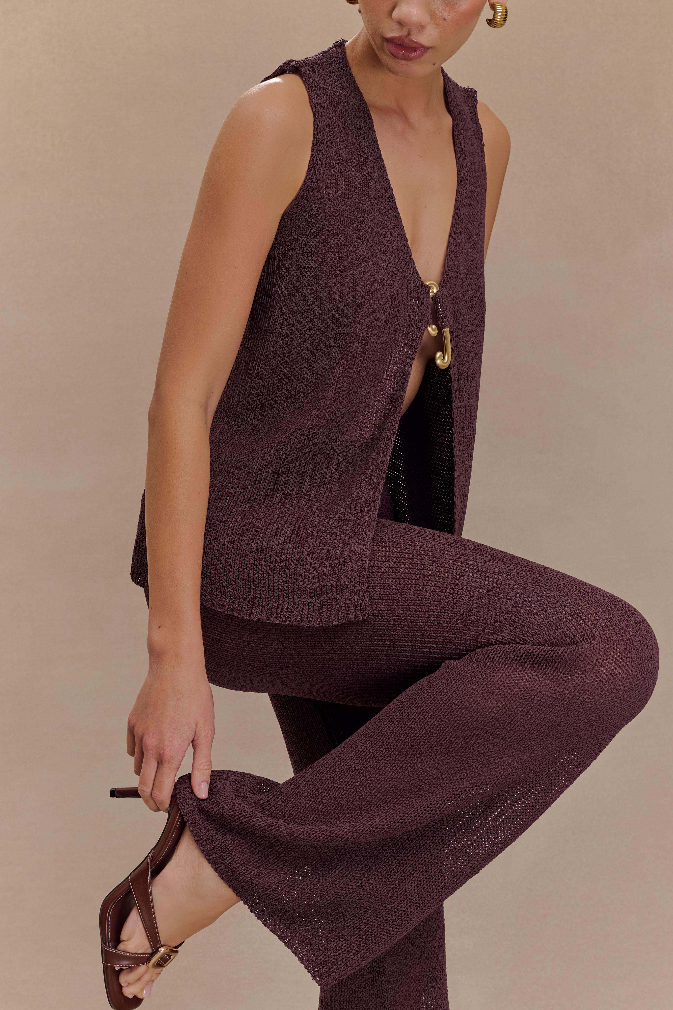 Malani Wide Leg Knit Pants - Chocolate、mySite、solidvoid