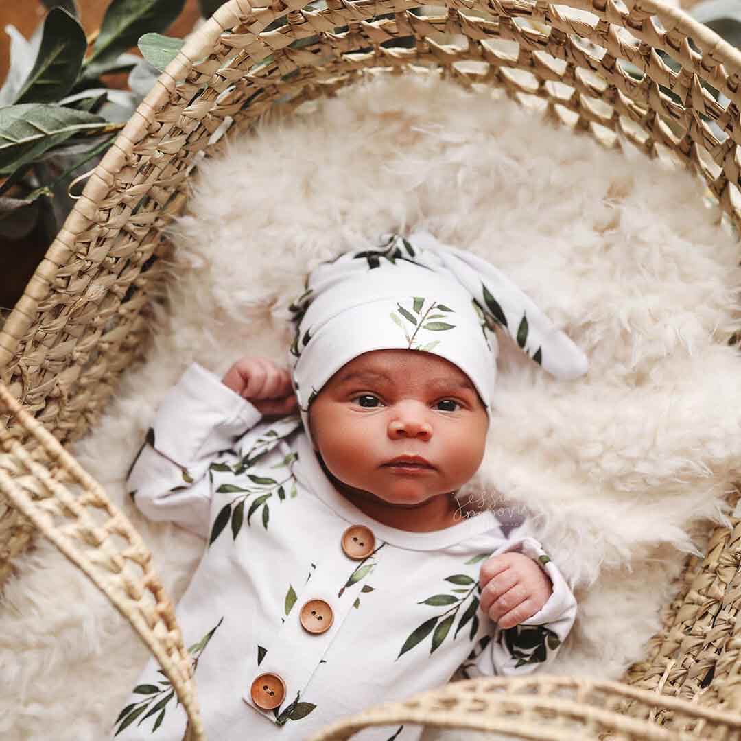  Olive Leaf Newborn Baby Knot Gown & Hat Set、mySite、layawaytickets