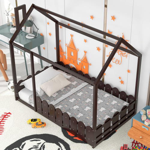 {Slats are not included}Twin Size Wood Bed House Bed Frame with Fence,for Kids,Teens, Girls,Boys {White}{OLD SKU:WF194274AAK}、、casual