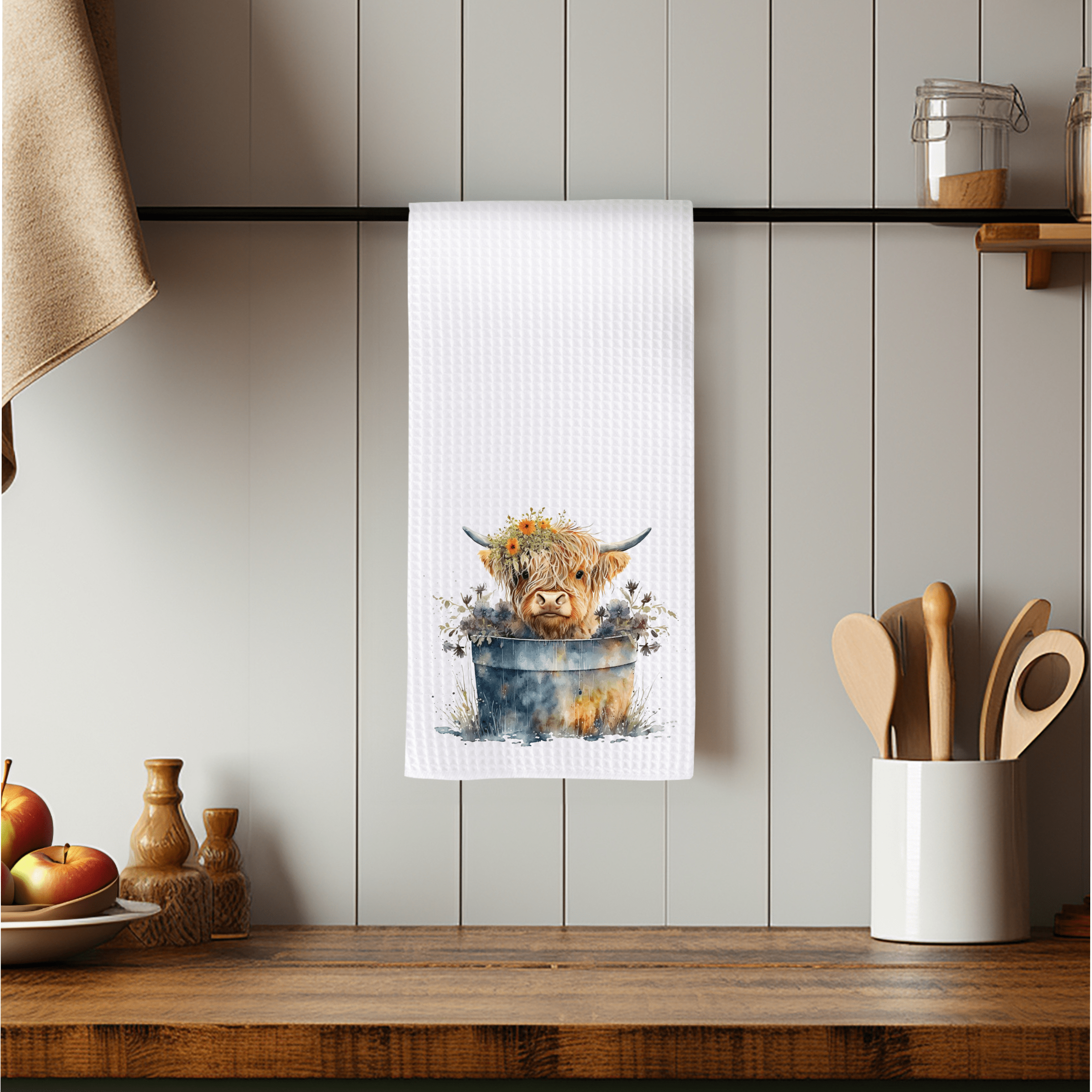 Highland Cow Hand Towel, Farmhouse Kitchen, Rustic Décor、mySite、g9winljtr