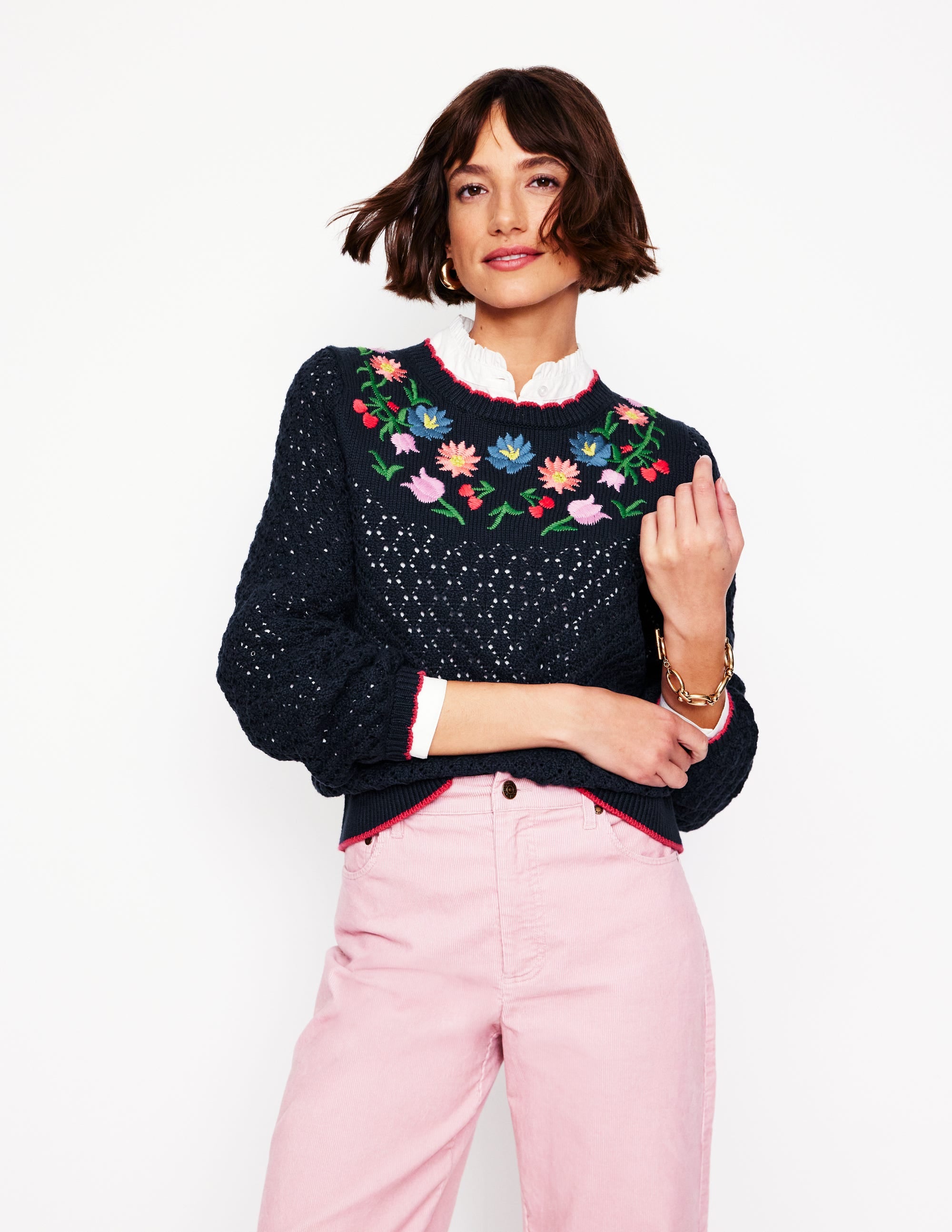 Embroidered Cotton Sweater-Navy、mySite、ashleygrahame