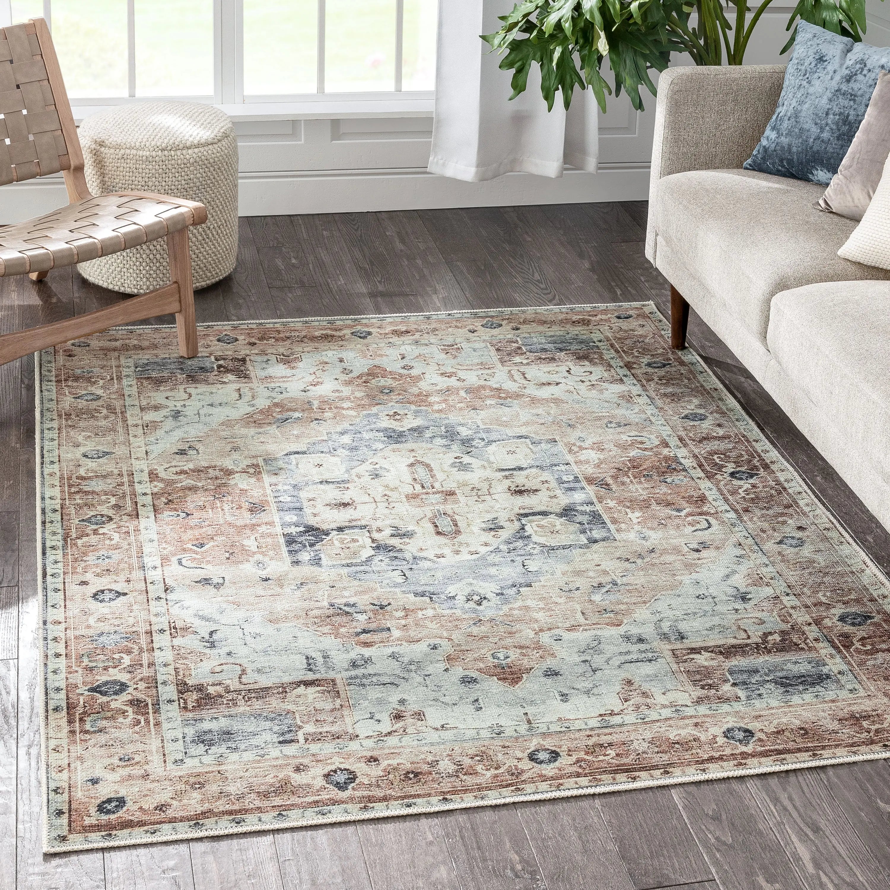 Binita Machine Washable Vintage Medallion Oriental Ivory Rust Flat-Weave Rug、mySite、gigharbornorthrealestate