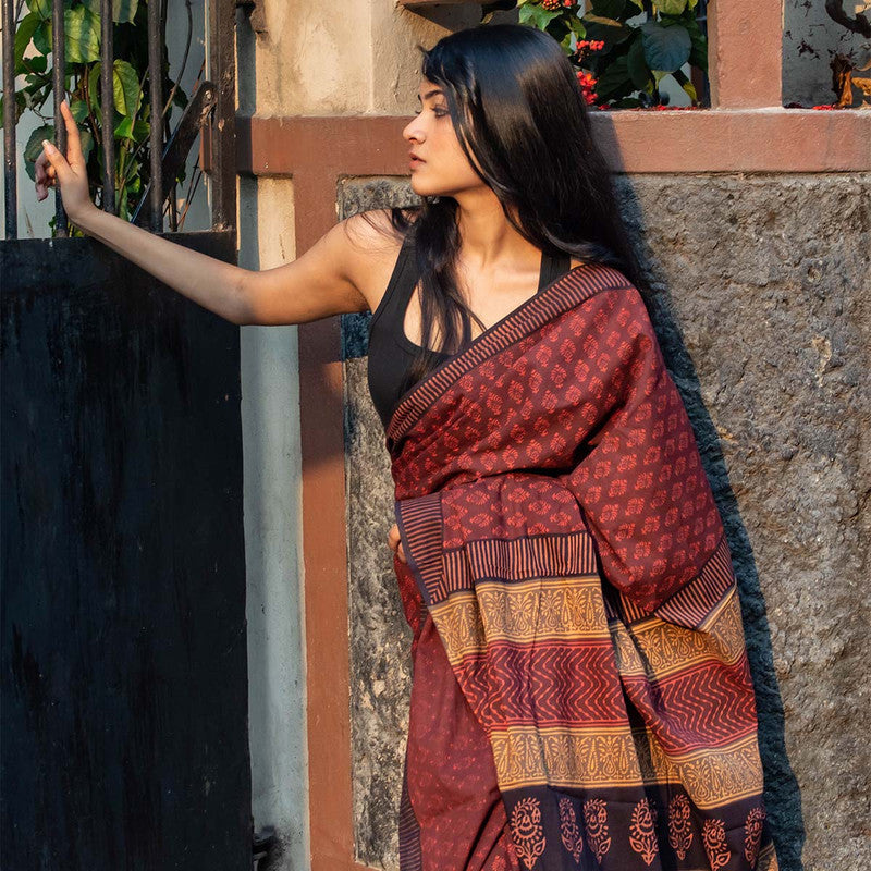 Festive Wear | Bagru Printed Chanderi Maroon Saree、mySite、camillekostekn