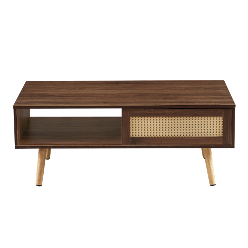 41.34" Rattan Coffee table, sliding door for storage, solid wood legs, Modern table for living room , natural、、casual