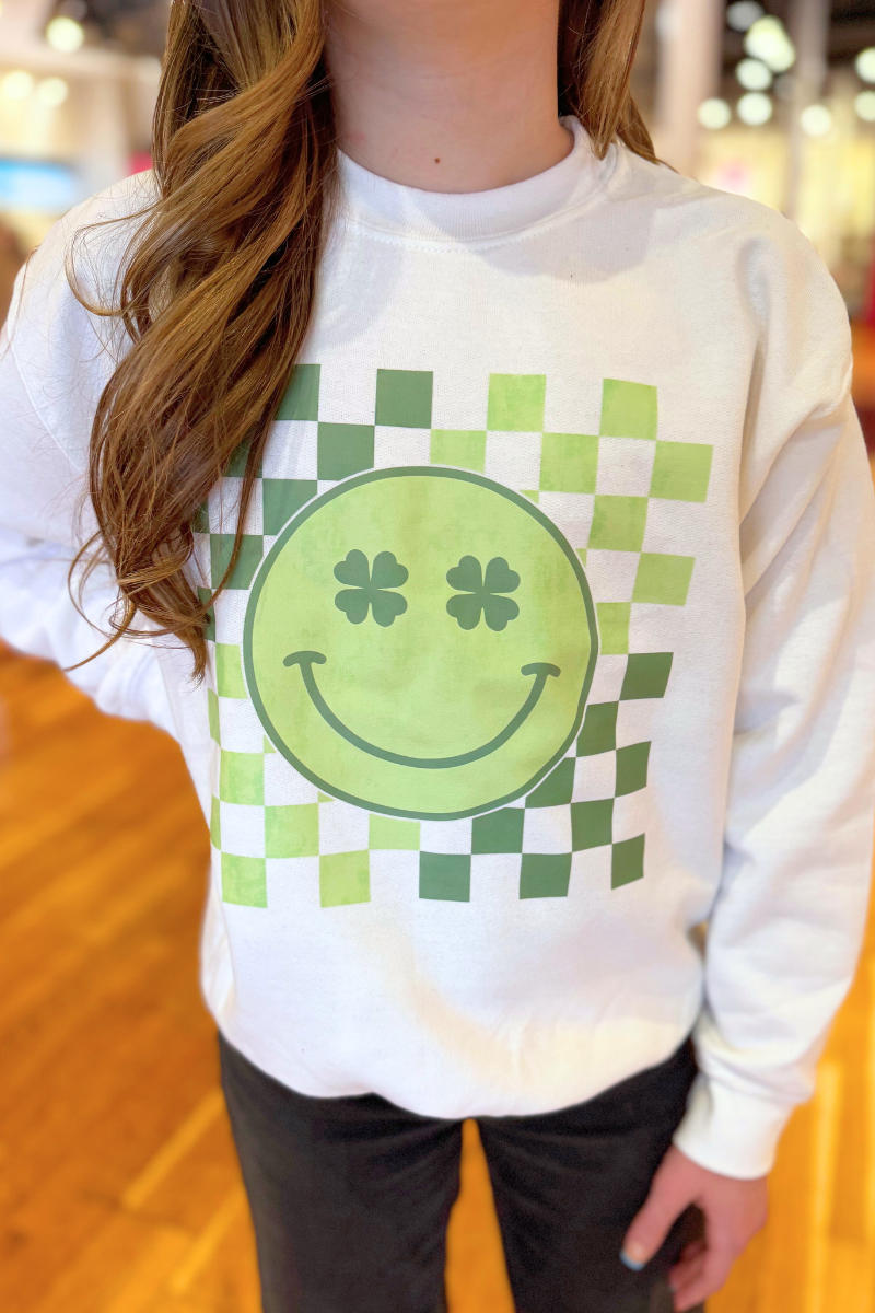 Clover Checkered Smiley Face Sweatshirt - Girls、mySite、hinf8tx79