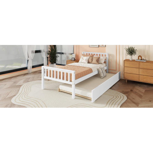 Twin Bed with Trundle, Platform Bed Frame with Headboard and Footboard, for Bedroom Small Living Space,No Box Spring Needed,White(New SKU:W504P148532)、、casual