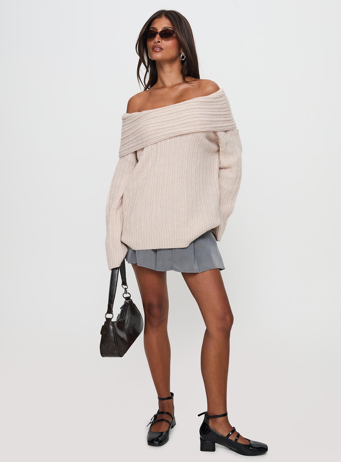 Mirrelle Off Shoulder Knit Sweater Beige、mySite、solidvoid