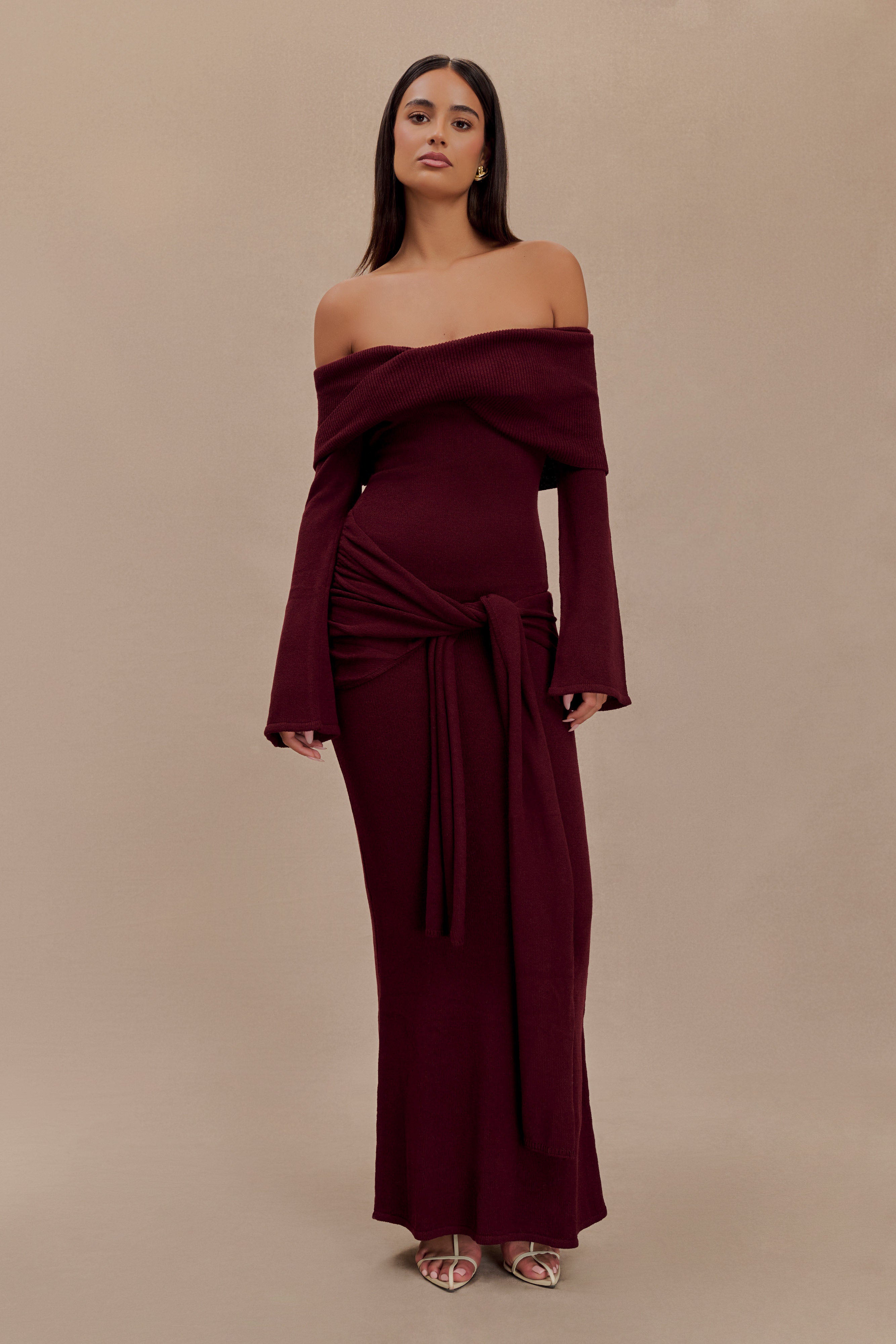 Cameron Off Shoulder Tie Maxi Dress - Merlot、mySite、solidvoid
