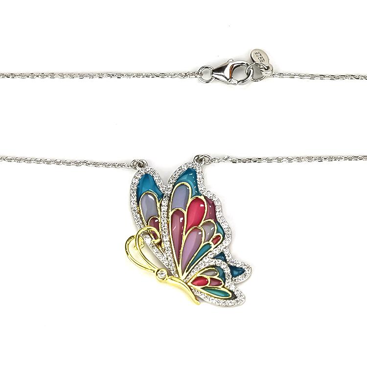 Sterling Silver Enamel Butterfly Necklace with Swarovski Crystal Top of the Line!、mySite、g9winljtr