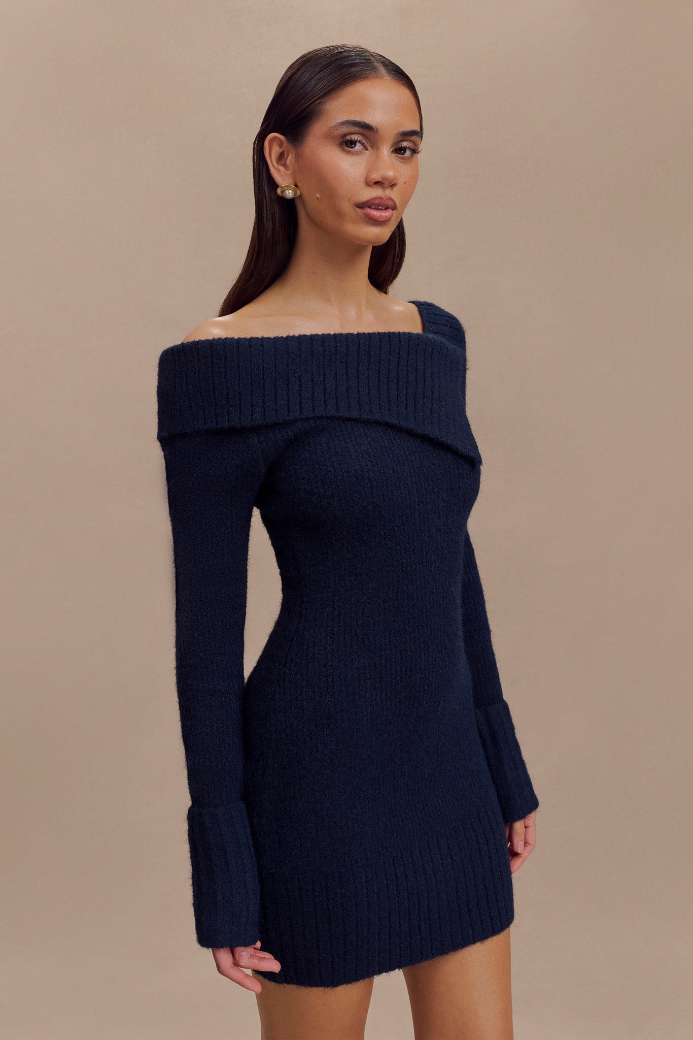 Stephanie Asymmetric Knit Mini Dress - Dark Navy、mySite、solidvoid
