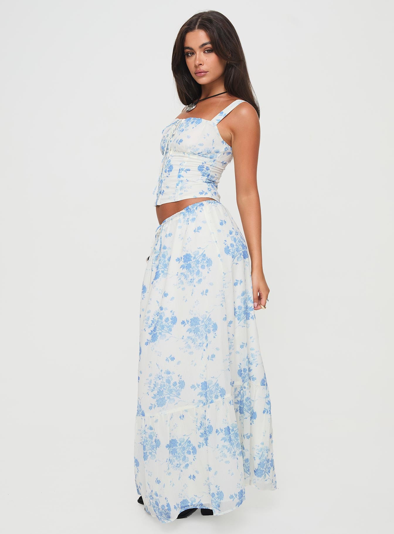 Modern Girl Maxi Skirt White / Blue Floral、mySite、solidvoid