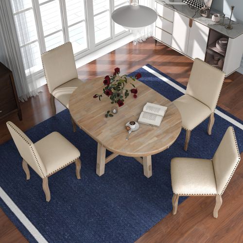 TREXM Farmhouse Round Extendable Dining Table with 16" Leaf Wood Kitchen Table (Natural Wood Wash)、、casual