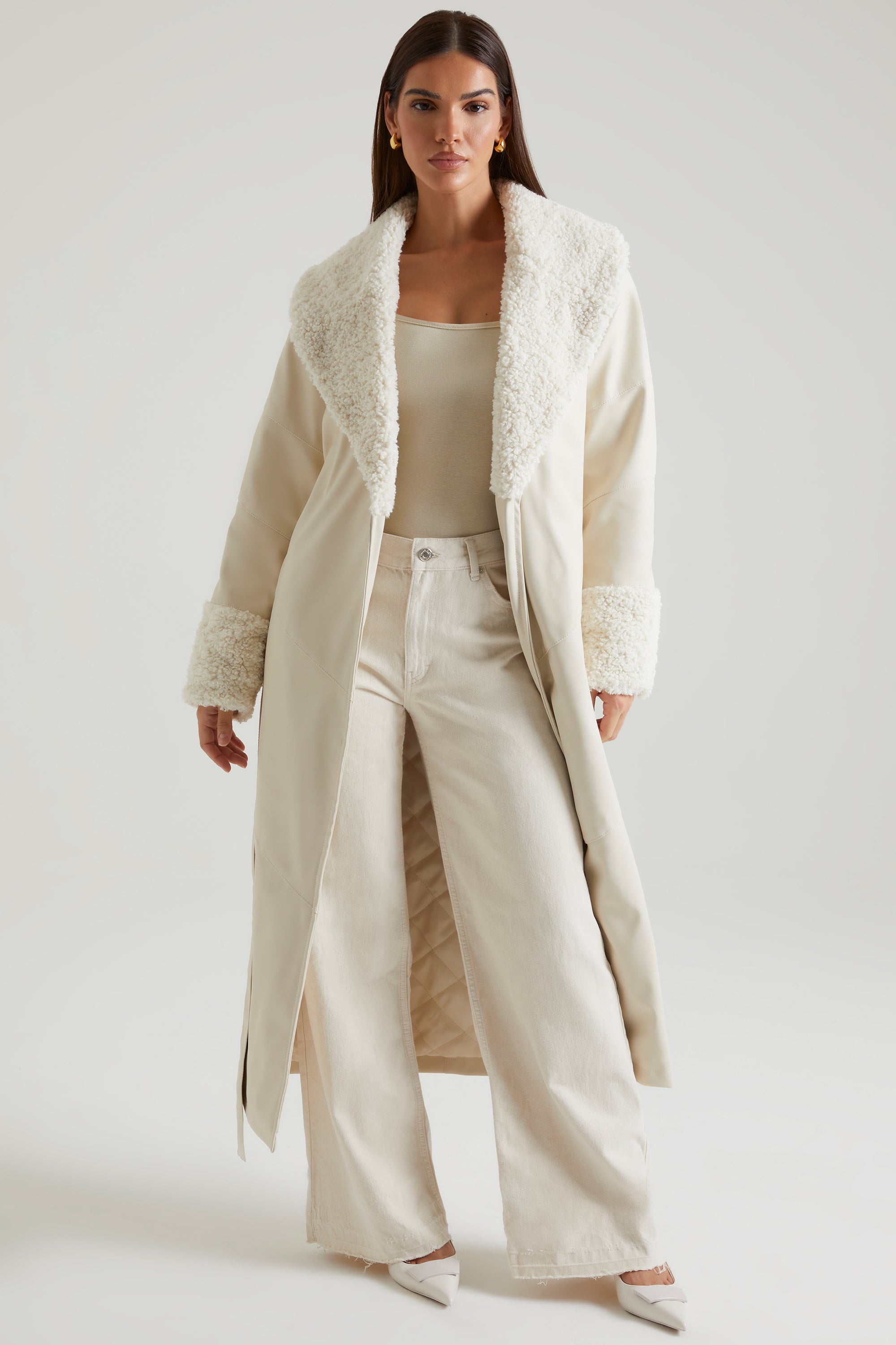 Tie Up Coat with Shearling Collar and Cuffs in Cream、mySite、solidvoid