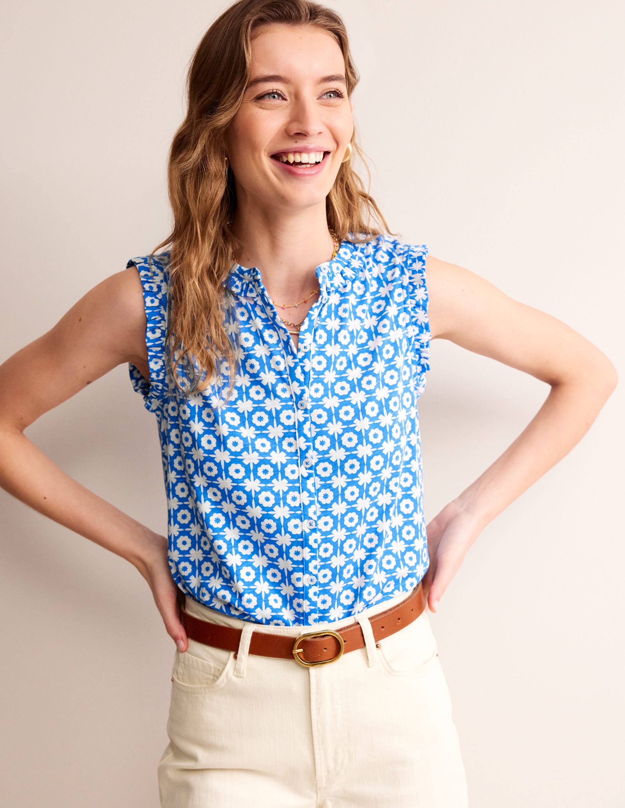  Olive Sleeveless Shirt-Brilliant Blue, Blossom Tile、mySite、ashleygrahame