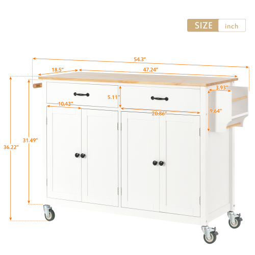 Kitchen Island Cart with Solid Wood Top and Locking Wheels,54.3 Inch Width,4 Door Cabinet and Two Drawers,Spice Rack, Towel Rack (White)、、casual
