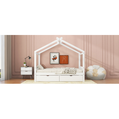 Twin Size House Platform Bed with Headboard and Footboard,Roof Design,Natural、、casual