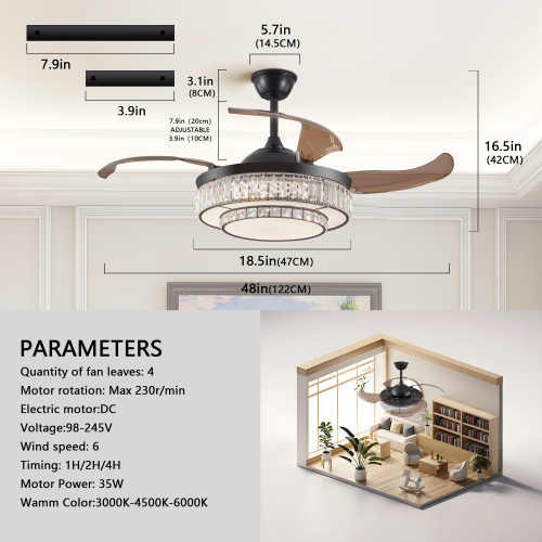 42" Retractable Ceiling Fan with Light, Modern LED Chandelier Fan with Remote Control, 6 Speed Adjustable Blades, Quiet DC Motor, Dimmable Lighting for Living Room, Bedroom, Dining Room、、eastwooduniform