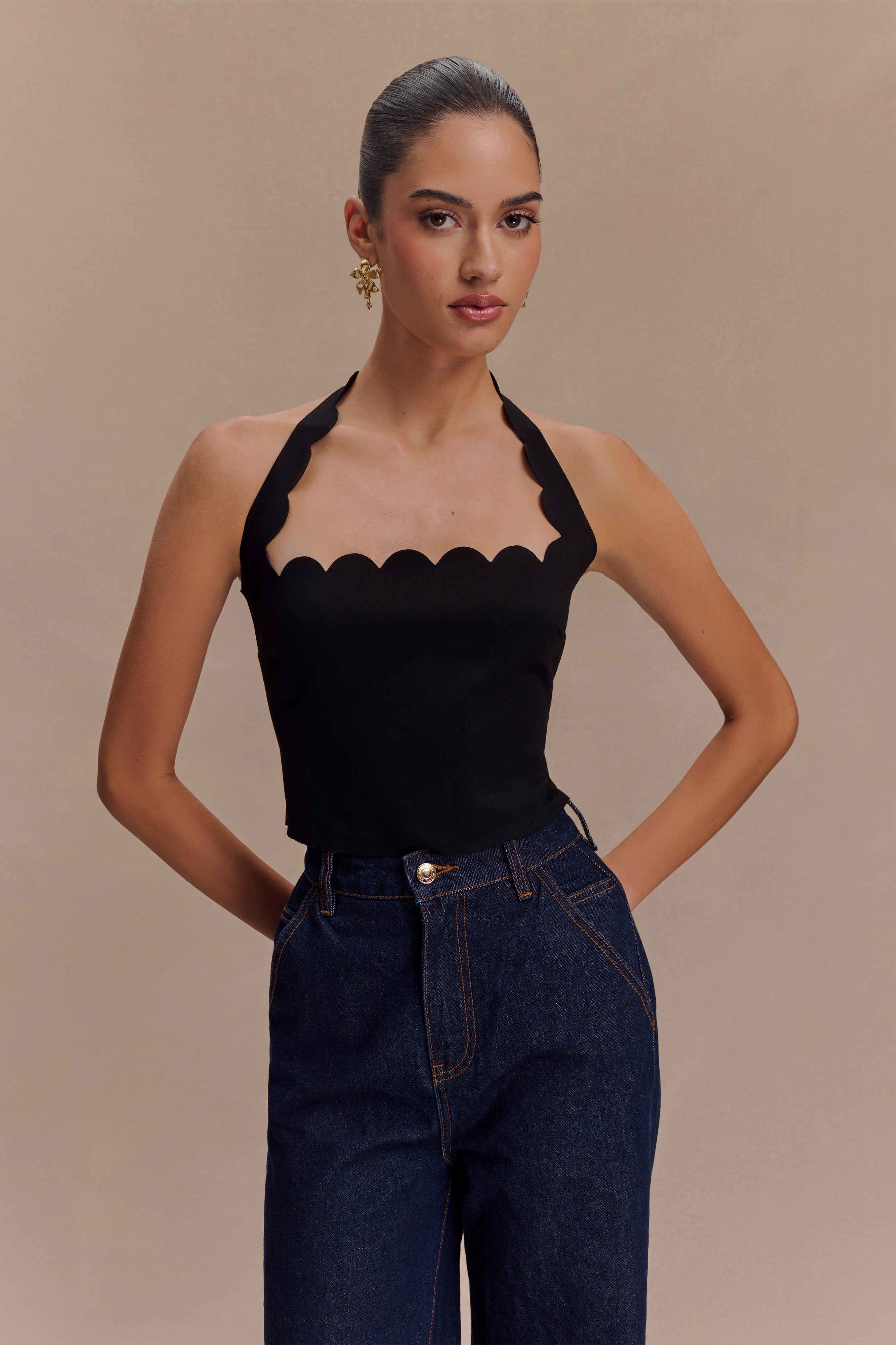 Selena Scalloped Jersey Halter Top - Black、mySite、solidvoid