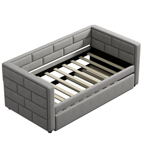 Twin Size Daybed with Trundle, Upholstered Daybed with Padded Back, Gray、、casual