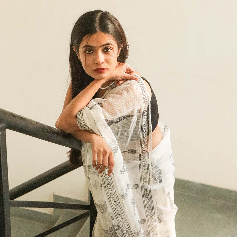 Festive Wear | Handblock Printed Kota Doria Saree | White & Black、mySite、camillekostekn