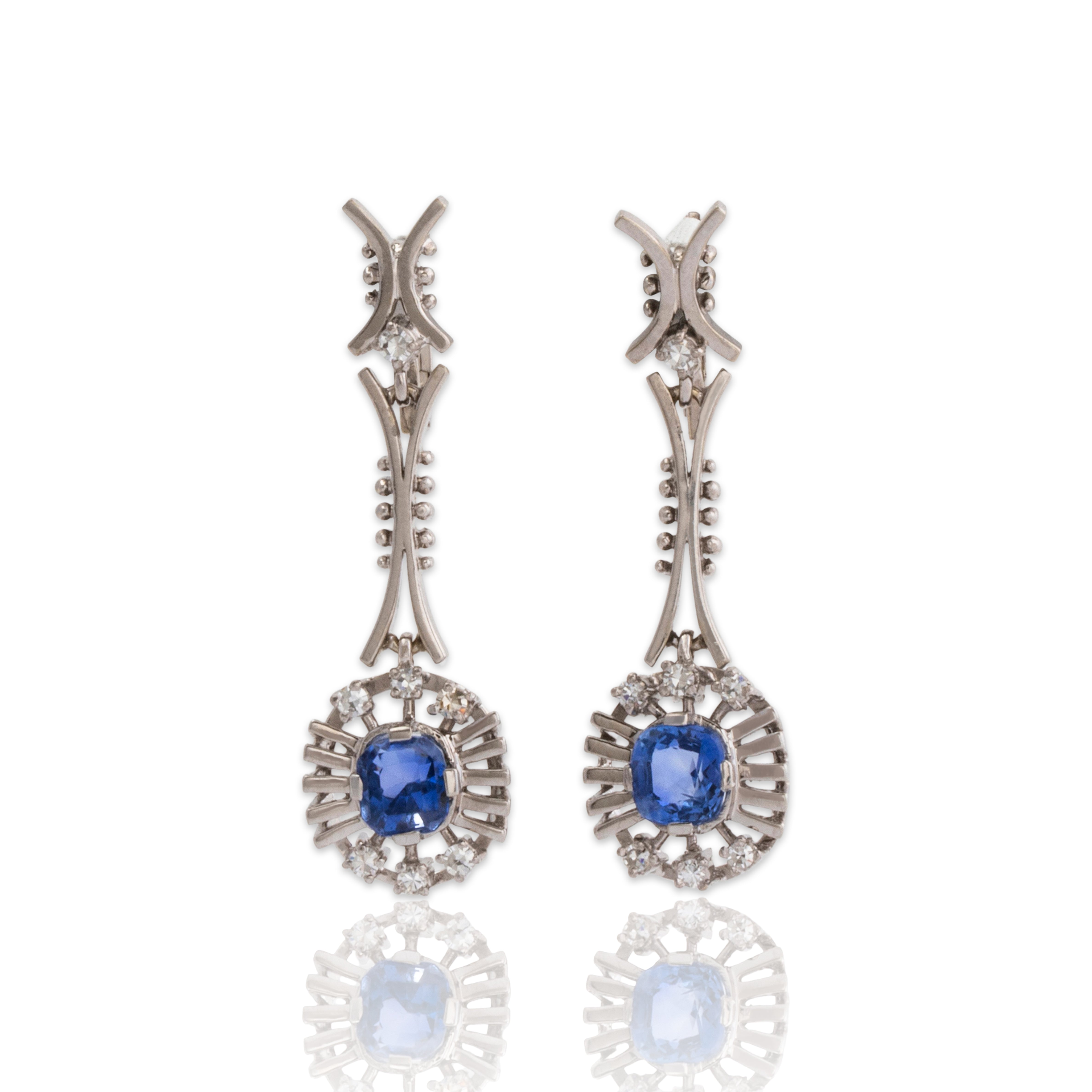 Vintage 18k White Gold 1.72cttw No Heat Sapphire Diamond Dangle Earrings、mySite、hinf8tx79