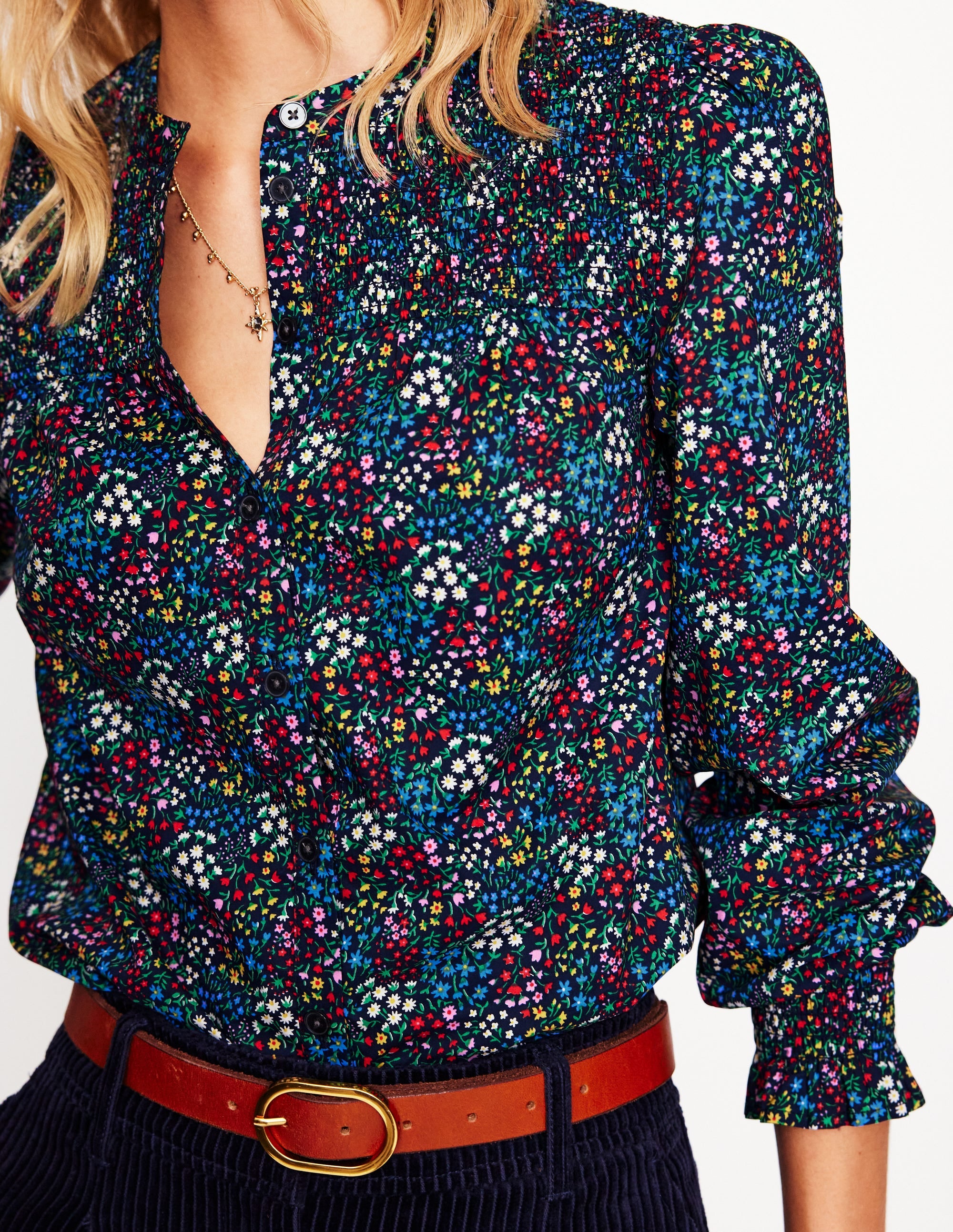  Smocked Yoke Cotton Blouse-French Navy, Bud Scatter、mySite、ashleygrahame