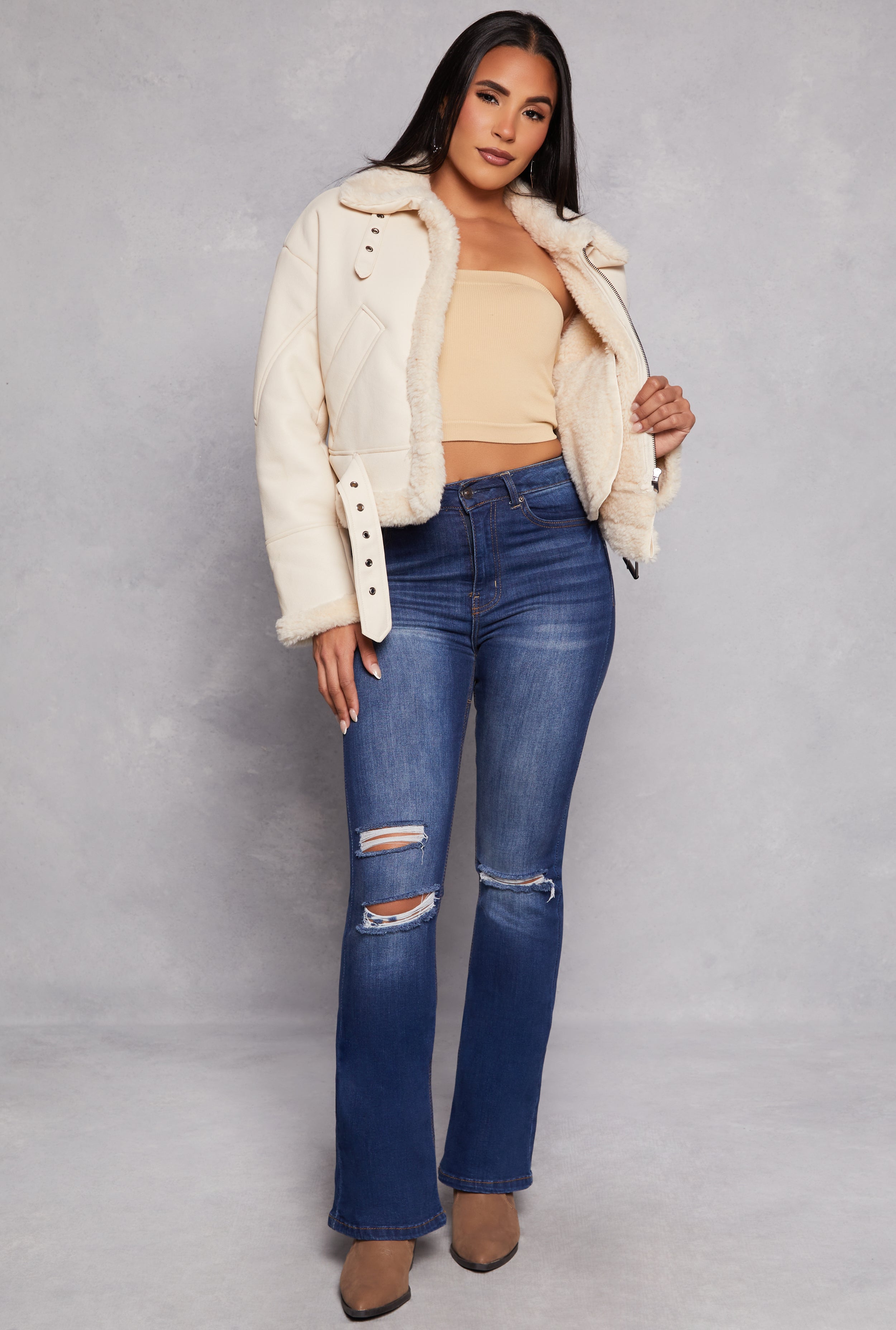 Faux Leather Faux Fur Lined Moto Jacket、mySite、camillekostekn