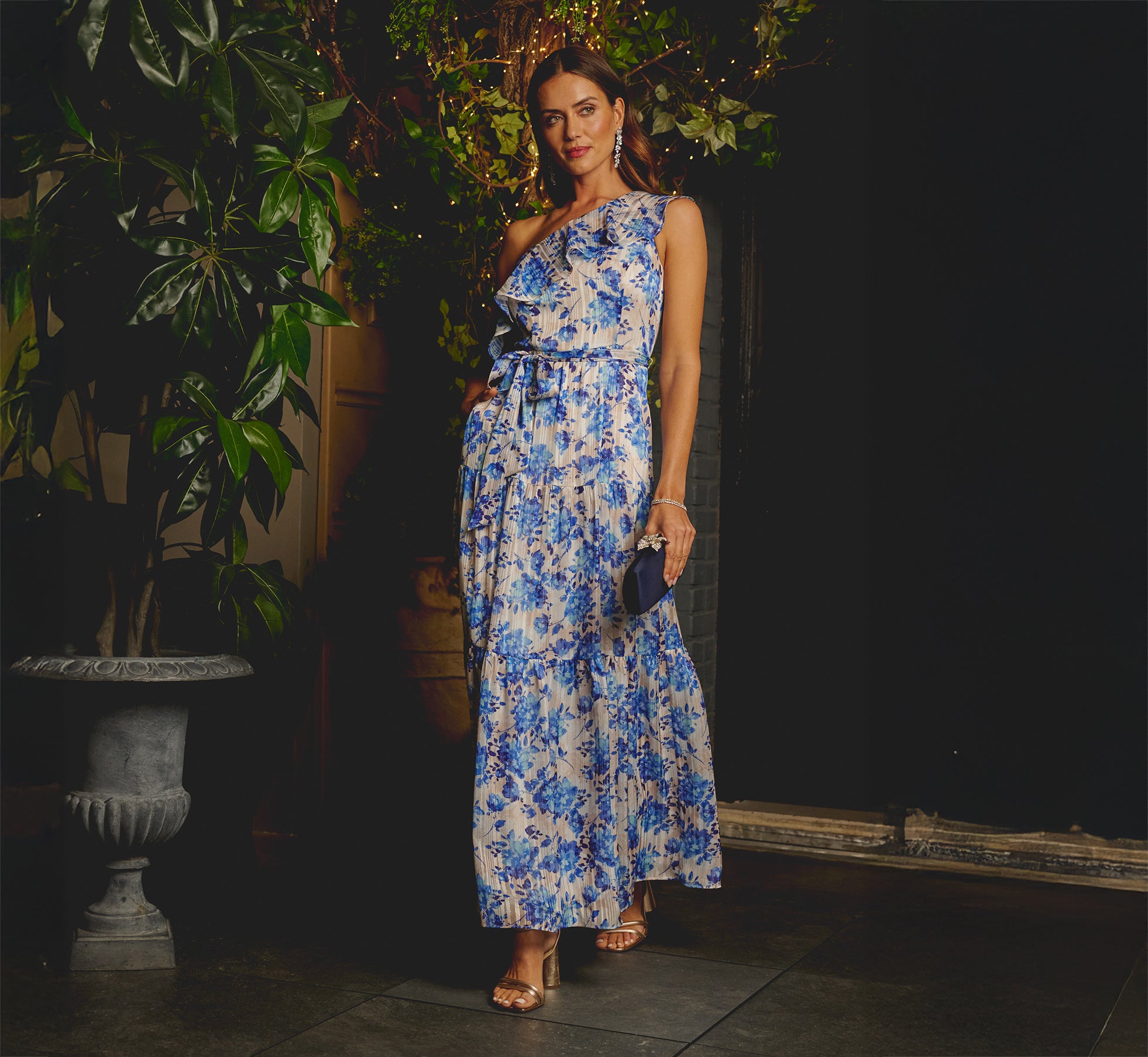 One Shoulder Metallic Stripe Floral Maxi Dress In Champagne Blue Multi、mySite、solidvoid