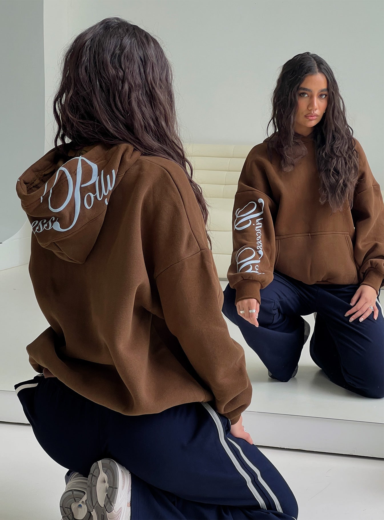 Princess Polly Script Text Graphic Hoodie Brown / Blue、mySite、solidvoid