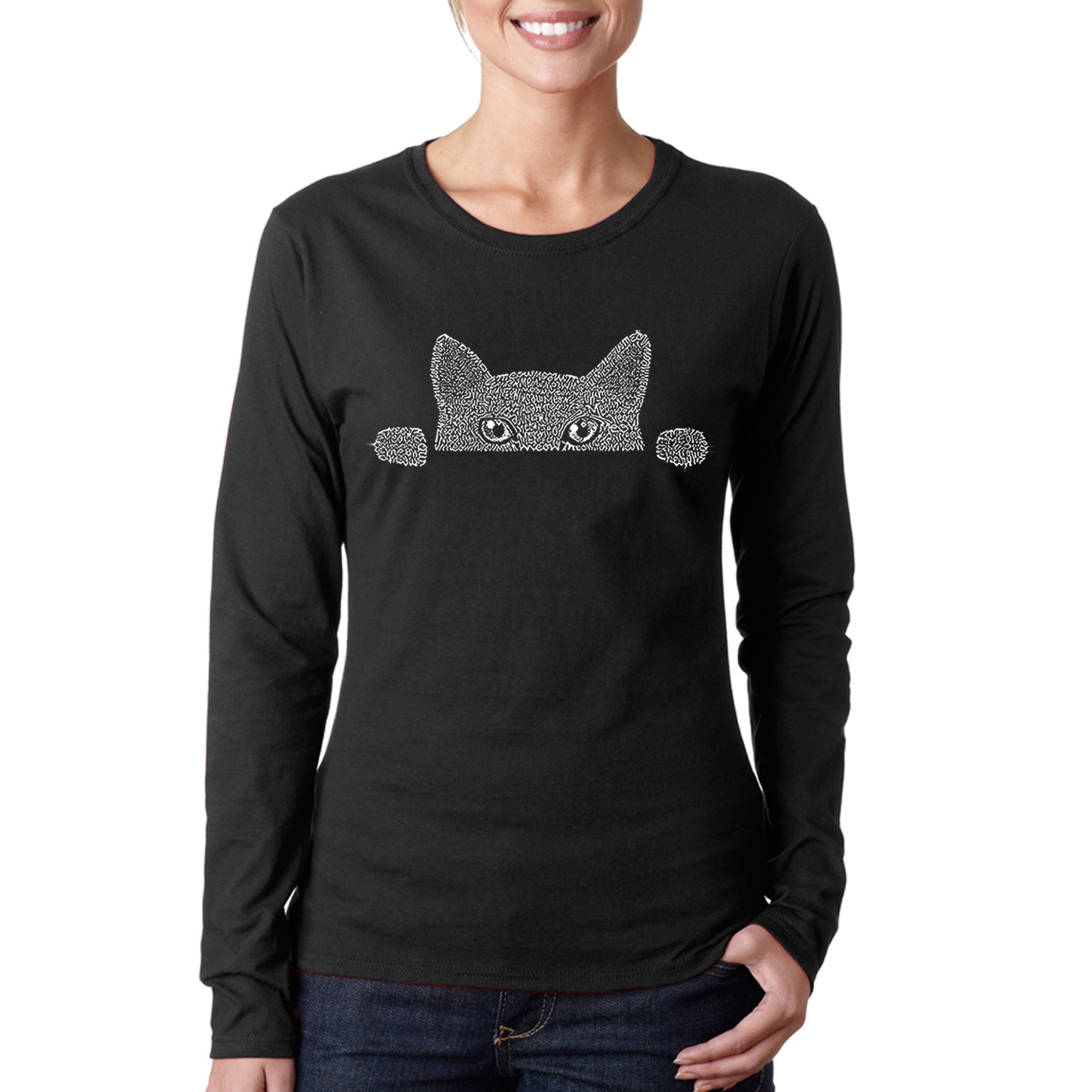 Peeking Cat - Women's Word Art Long Sleeve T-Shirt、mySite、camillekostekn