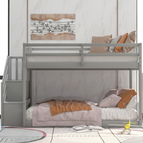 Twin over Twin Floor Bunk Bed, Ladder with Storage, Gray、、casual