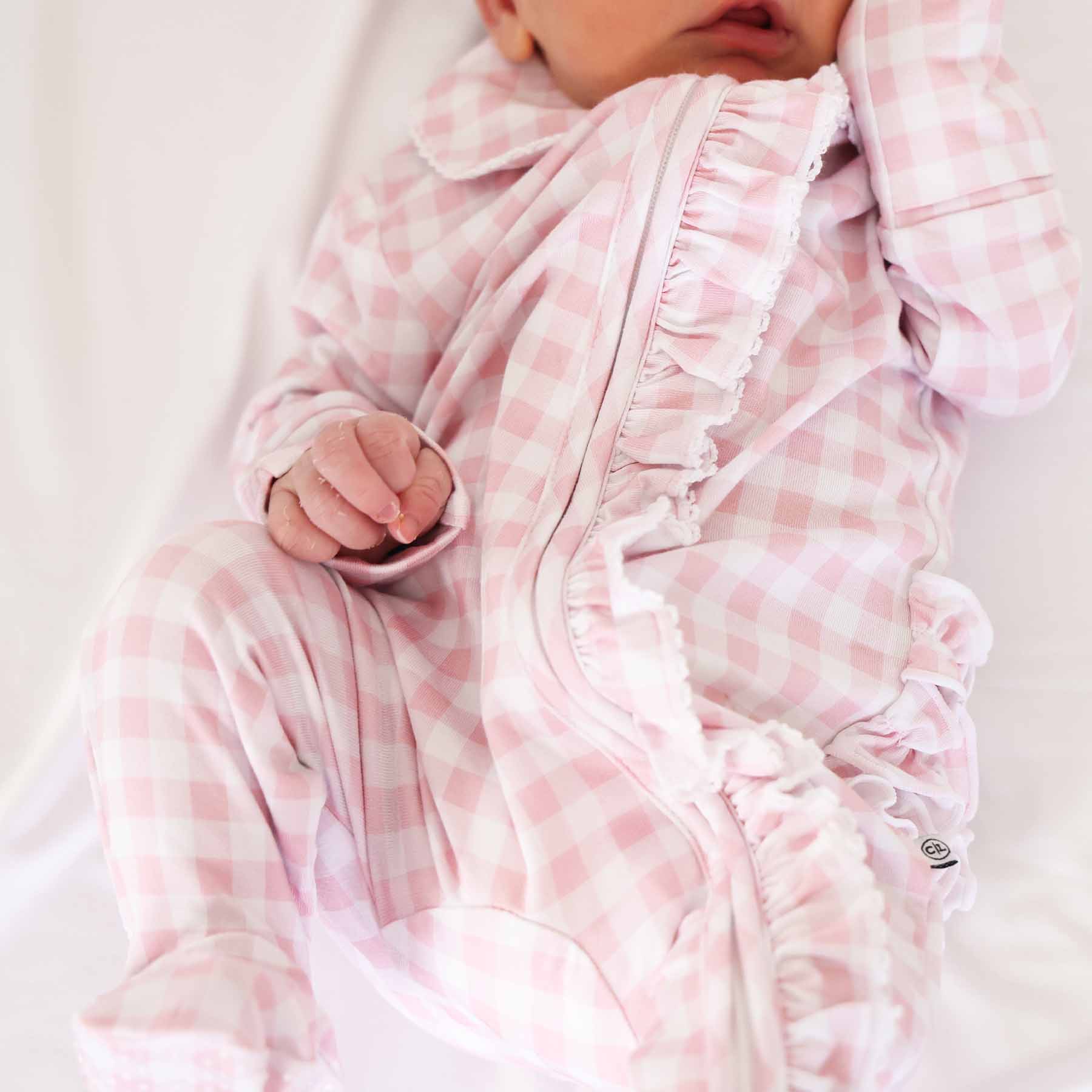  Peter Pan Collar Ruffle Zipper Footie | Rosy Gingham、mySite、layawaytickets